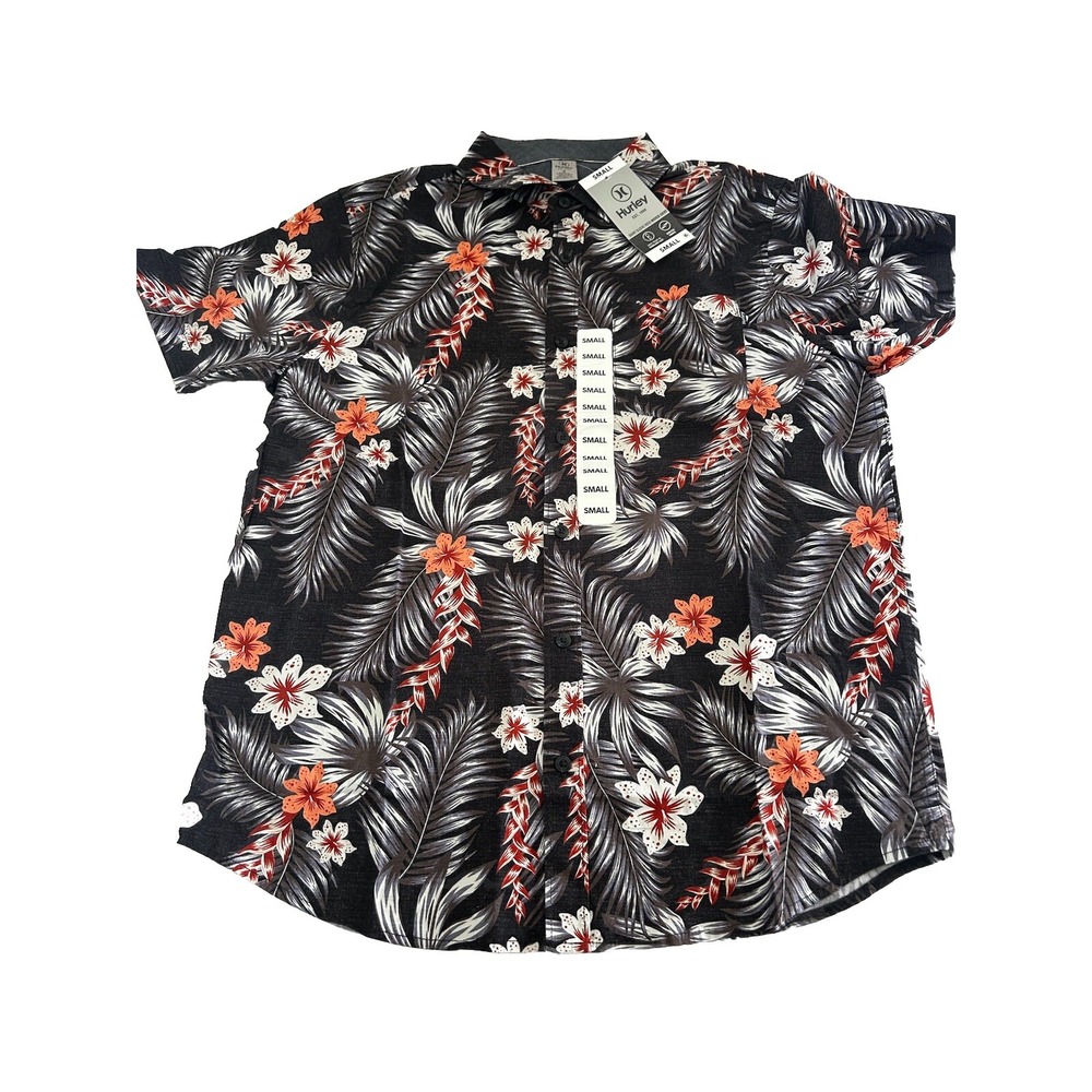 Hurley Floral Button Up Shirt Mens Small Short Sleeve Palm Tree‎ Hawaiian BxMM